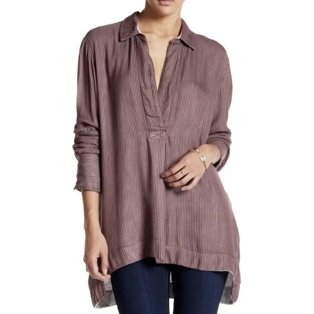 Free People On The Road Flowing Striped Collared Longline Popover Tunic Blouse